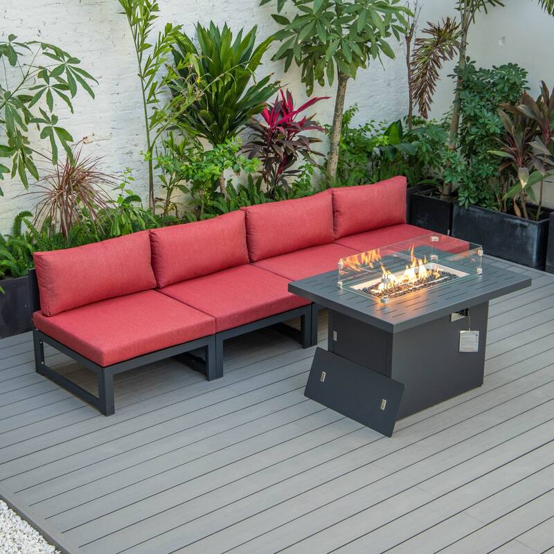 LeisureMod Chelsea 5-Piece Outdoor Patio Chairs and Fire Pit Table Set