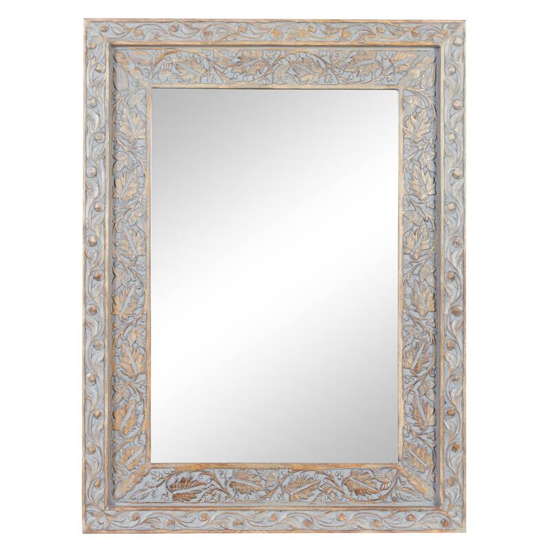 Gray Wood Handmade Intricately Carved Floral Room Wall Mirror