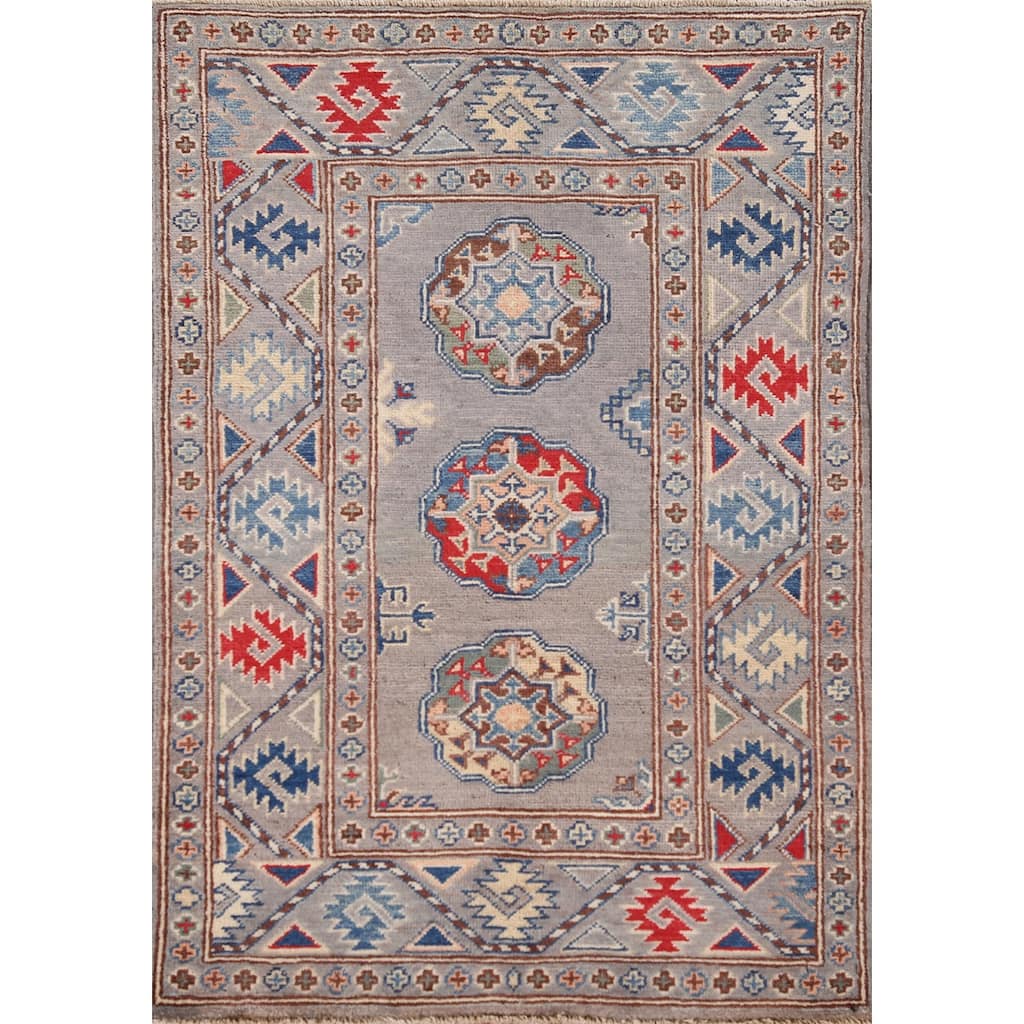 Geometric Kazak Oriental Accent Rug Hand-Knotted Grey Wool Carpet - 2'7"x 4'1"