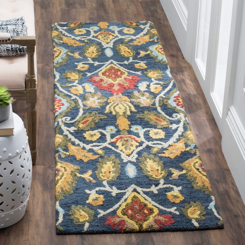 SAFAVIEH Fiorello Handmade Blossom French Country Wool Area Rug - 2'3" x 16' Runner - Navy/Multi
