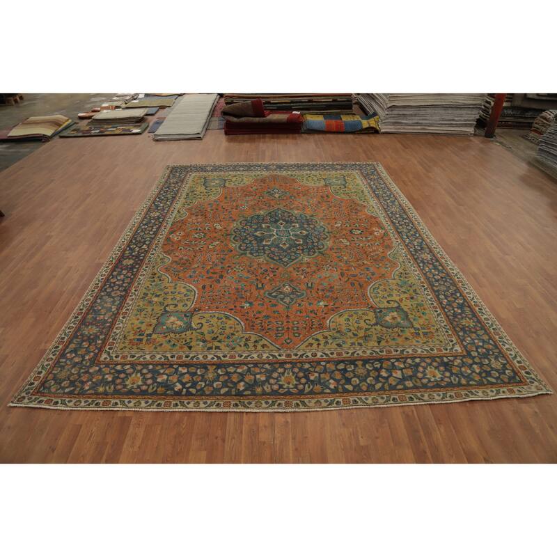 Hand Knotted Oriental 100% Wool Carpet Traditional Floral Oranges & Rust Tabriz Area Rug - 12' 8'' X 9' 6''