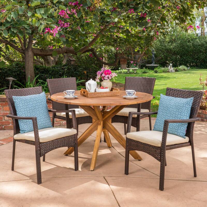 Stamford Outdoor 5 Piece PE Wicker Dining Set with Circular Table by Christopher Knight Home - teak finish + brown + cre`me cushion