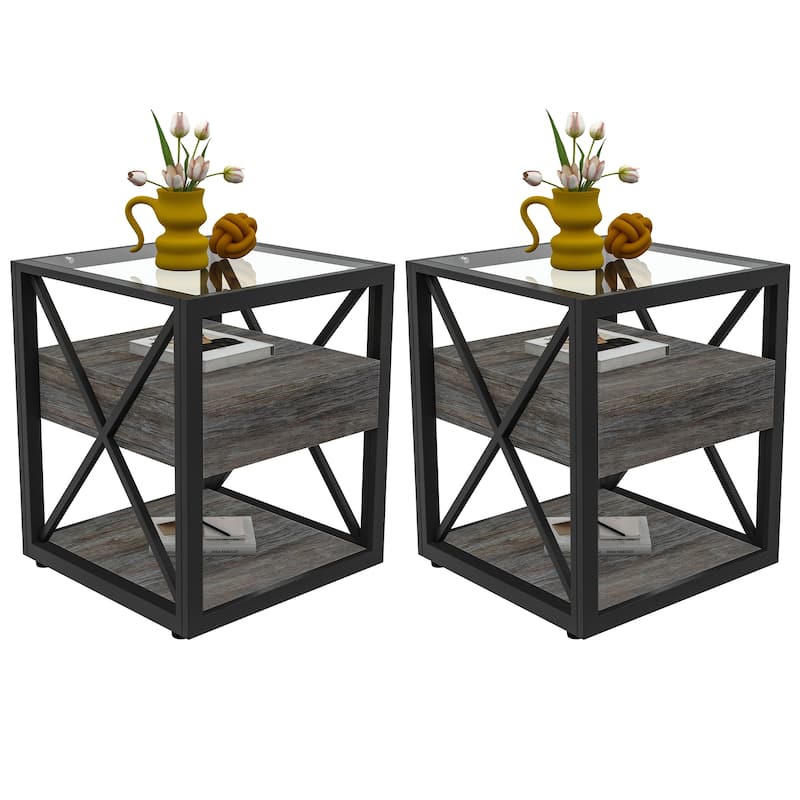 Set of 2 Modern End Table with Drawer - Nightstand,Rustic Wood Grain MDF & Tempered Glass Top,Industrial Style Side Table