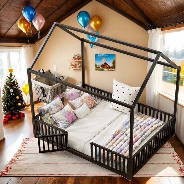 slide 2 of 14, House-Shaped Design Full Size Metal House Bed with Fence and Door,Solid Construction