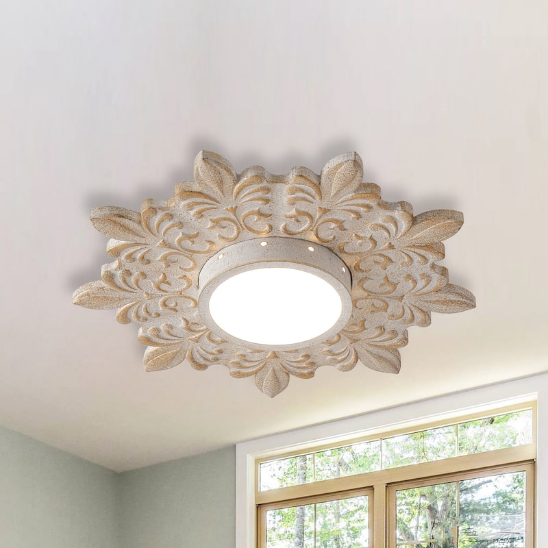 Boho 21.6-Inch Distressed White Wood Flush Mount Ceiling Light, 3CCT Dimmable - 21.6 in. D x 21.6 in. W x 3 in. H