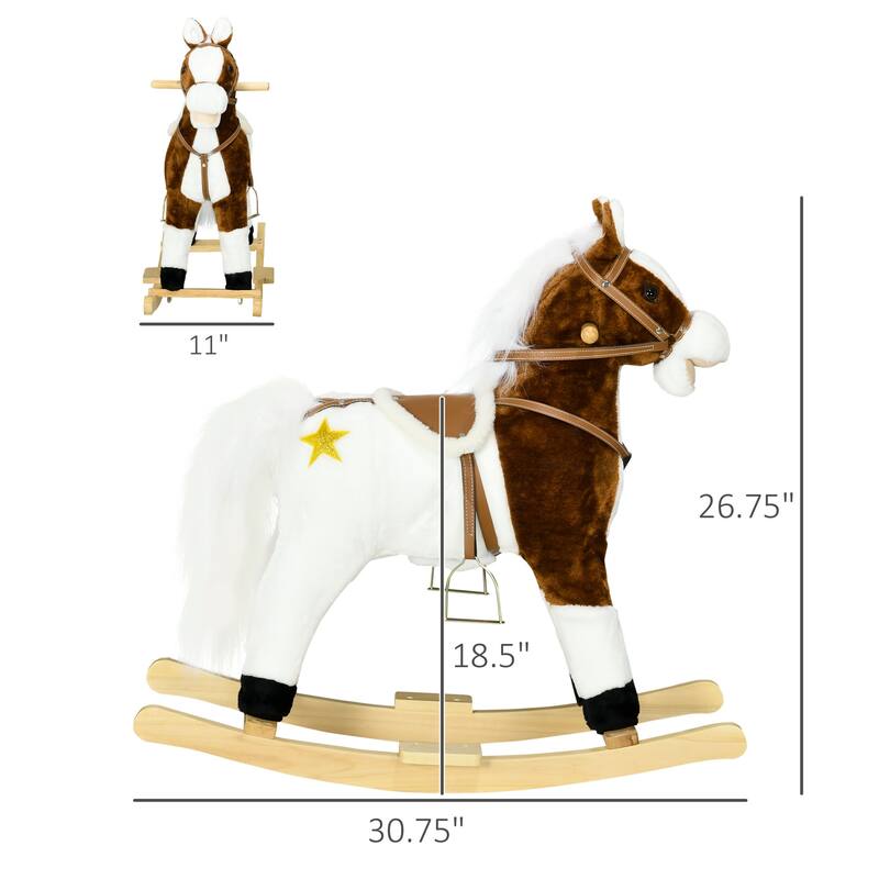Kids Plush Rocking Horse with Authentic Neigh Sounds, Saddle, and Stirrup for 3-8 Years Old - Comfortable Velvet Fabric