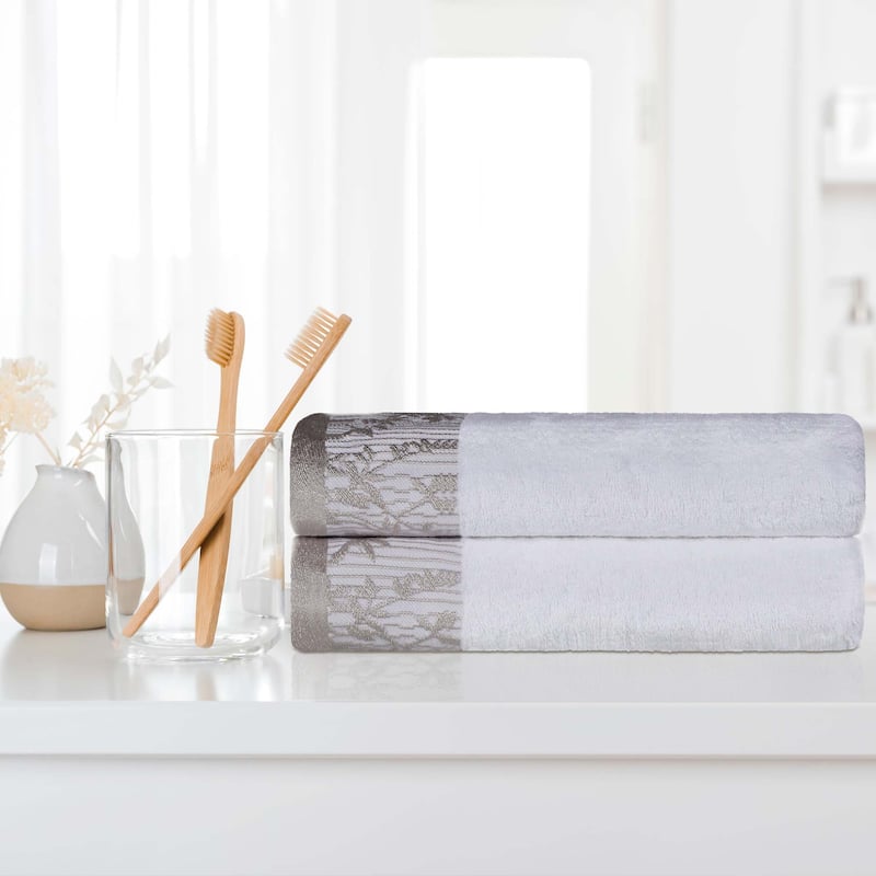Superior Wisteria Cotton Floral Jacquard Border Bath Towel Set - White