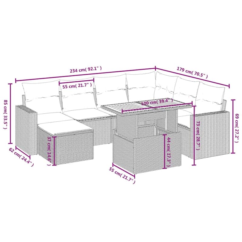 vidaXL Patio Sofa Set with Cushions Outdoor Conversation Furniture Poly Rattan - 21.7 x 39.4 x 28.7