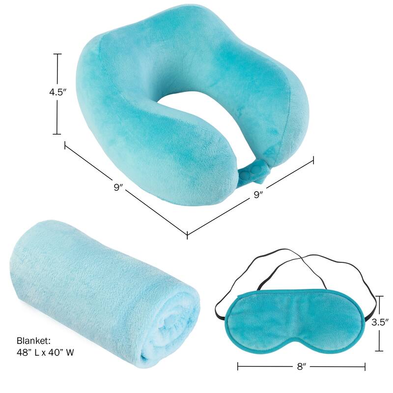 Travel Pillow Set - Memory Foam Pillow, Fleece Blanket, and Eye Mask by Home-Complete (Blue)