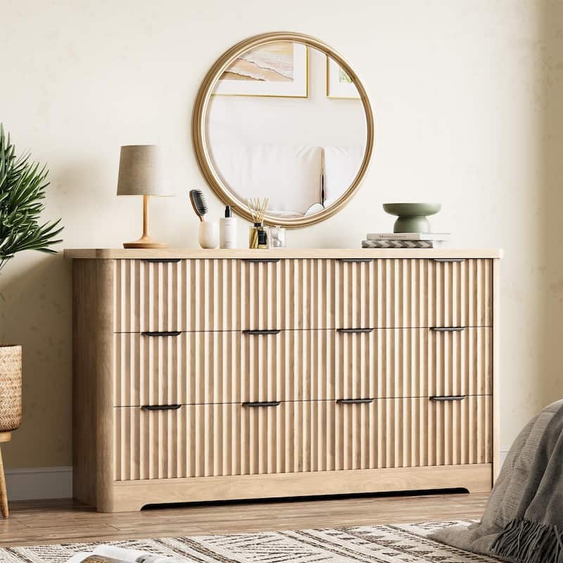 6 Drawer Dresser, Modern Fluted Dressers for Bedroom, Wooden Dresser & TV Stand,Clothes Storage - Natural - 6-drawer