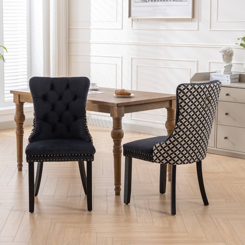 Set of 2 Velvet Upholstered Dining Chairs with Nailhead Trim and Wooden Legs