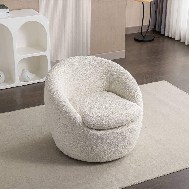 Cream White Modern 31" Boucle Upholstered Barrel Chair with 360° Swivel and Round Metal Base