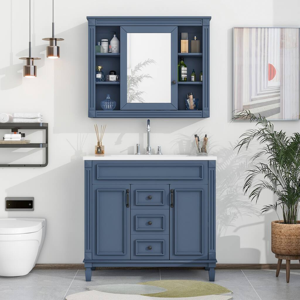 36'' Modern Bathroom Vanity with Top Sink and Mirror Cabinet
