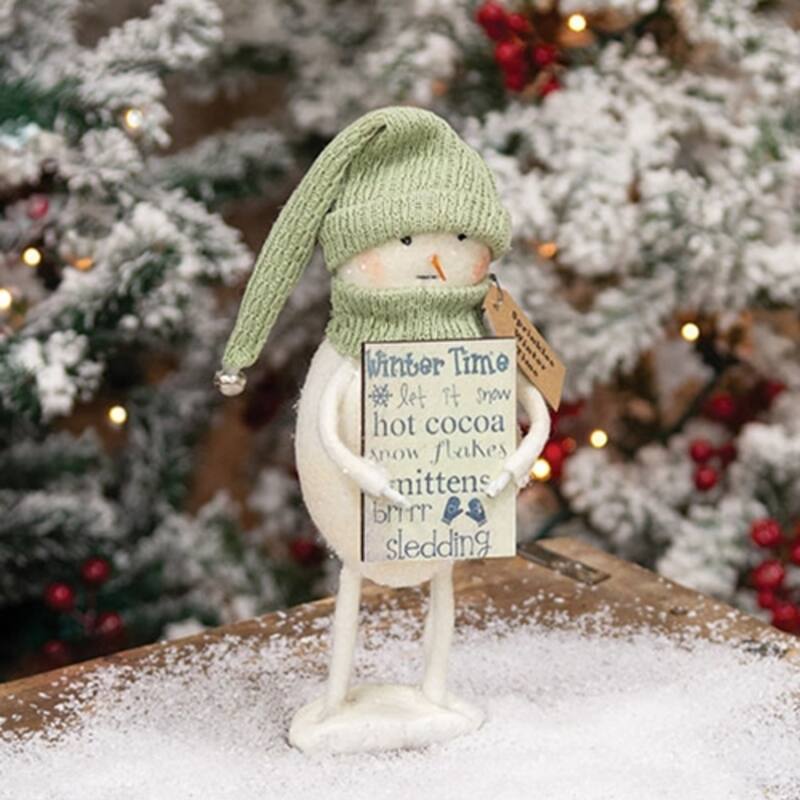 Festive Winter Snowman Figurine with Glitter Accents and Green Hat Decoration - 8" H x 3" W x 3" D