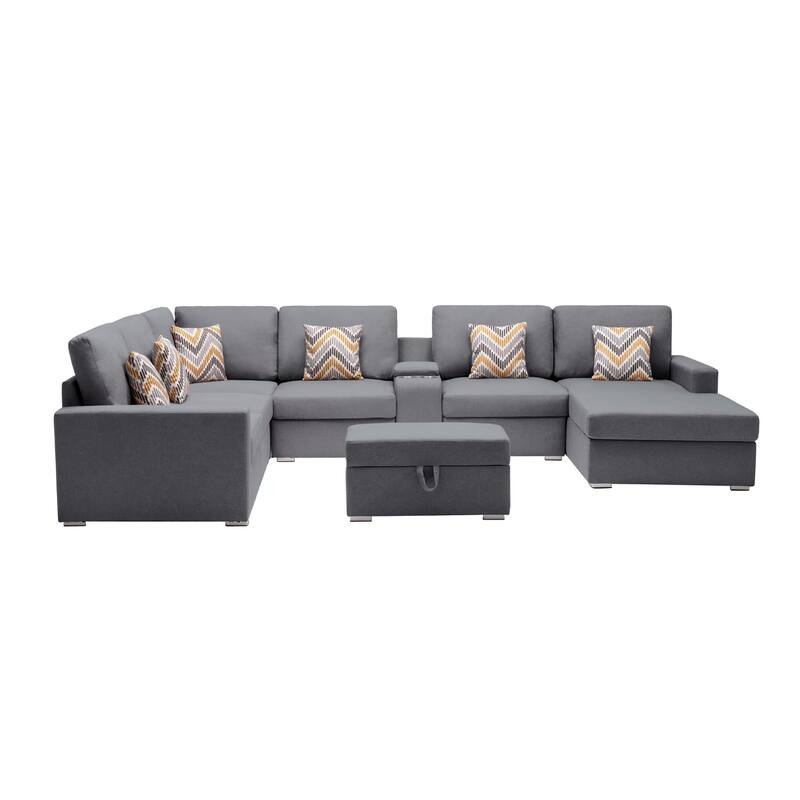 Linen Fabric 8 Piece Reversible Chaise Sectional Sofa with Storage Ottoman, and Storage Console Table - Gray