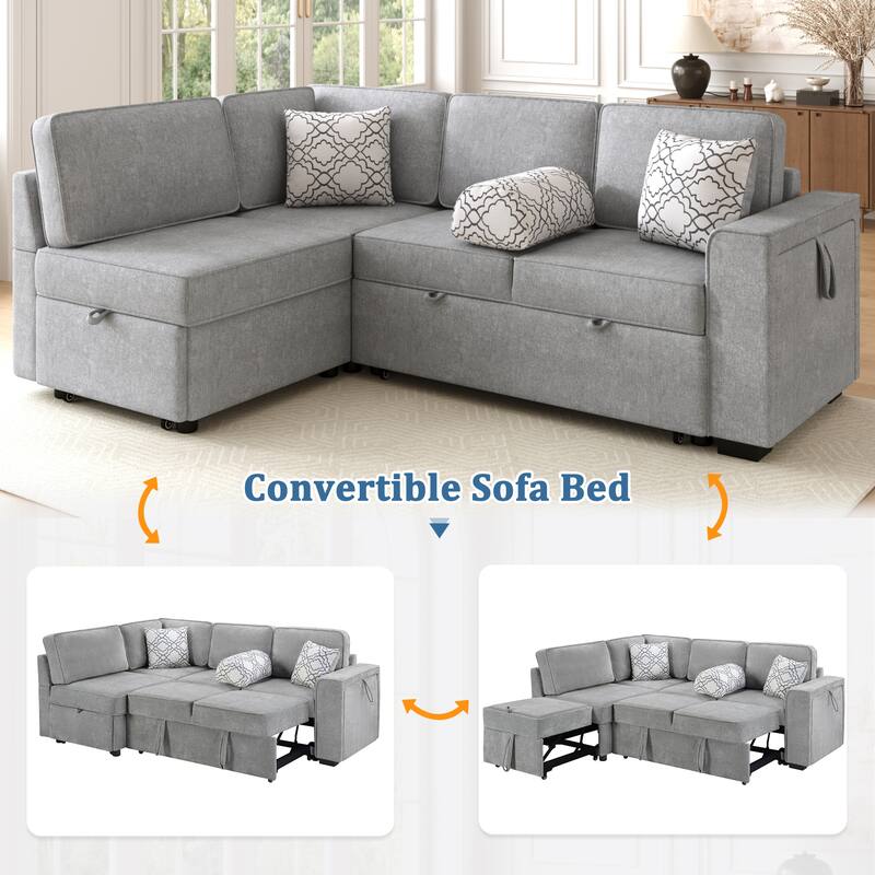L-Shaped Sectional Sofa Convertible Sofa Bed with Dual Pull-Out Sleepers Sofa, Flip-Top Table, USB Ports, Cup Holder and Storage