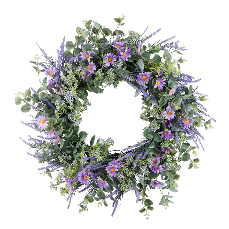 Daisy Lavender and Eucalyptus Artificial Floral Spring Wreath - 24" - Green and Purple