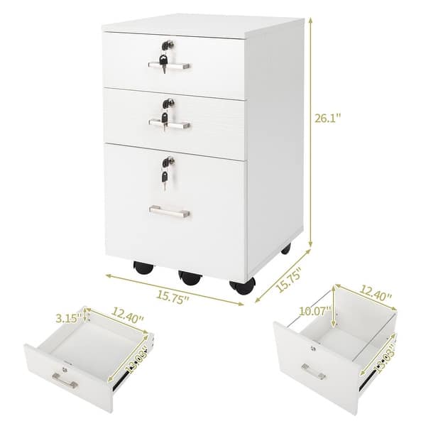dimension image slide 0 of 2, 3-Drawer Rolling Wood File Cabinet with Lock
