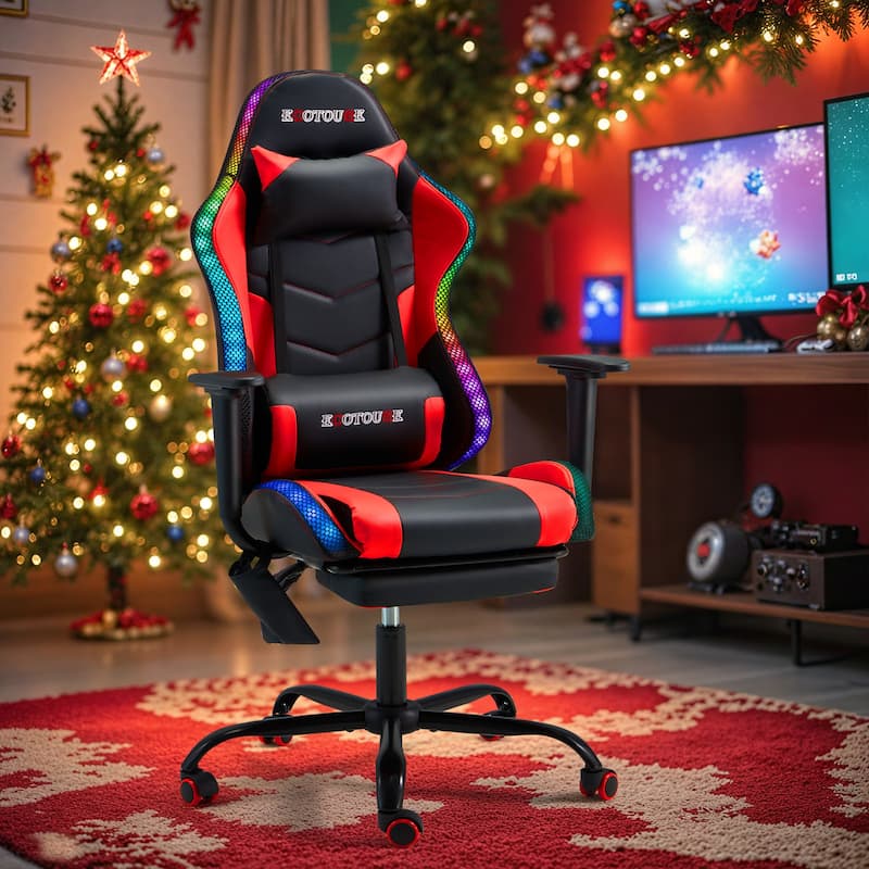 EROMMY RGB LED Gaming Chair with Massage Lumbar Support & Footrest, Ergonomic Reclining Computer Chair for Adults