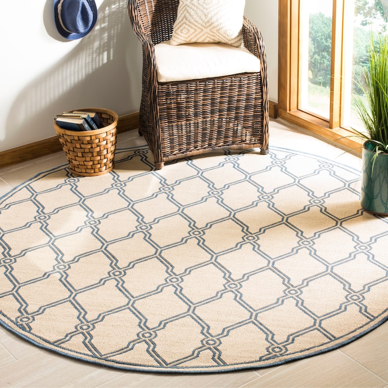 SAFAVIEH Linden Jeri Indoor/ Outdoor Waterproof Patio Backyard Rug - 6'7" Round - Cream/Blue