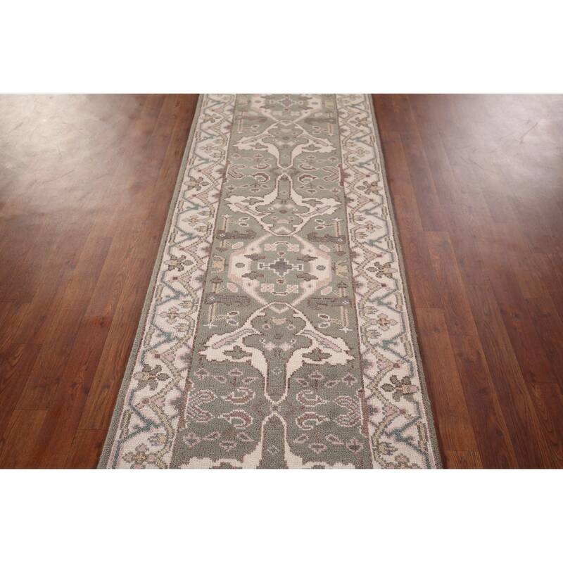 All-Over Green & Ivory Oushak Oriental Runner Rug Handmade Wool Carpet - 2'7"x 9'11"