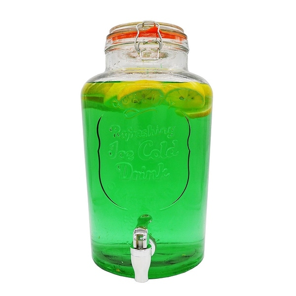 Palais Glassware Clear Glass Beverage Dispenser with Bail & Trigger Locking Lid - 2 Gallon ('Ice Cold Drink' Embossed)