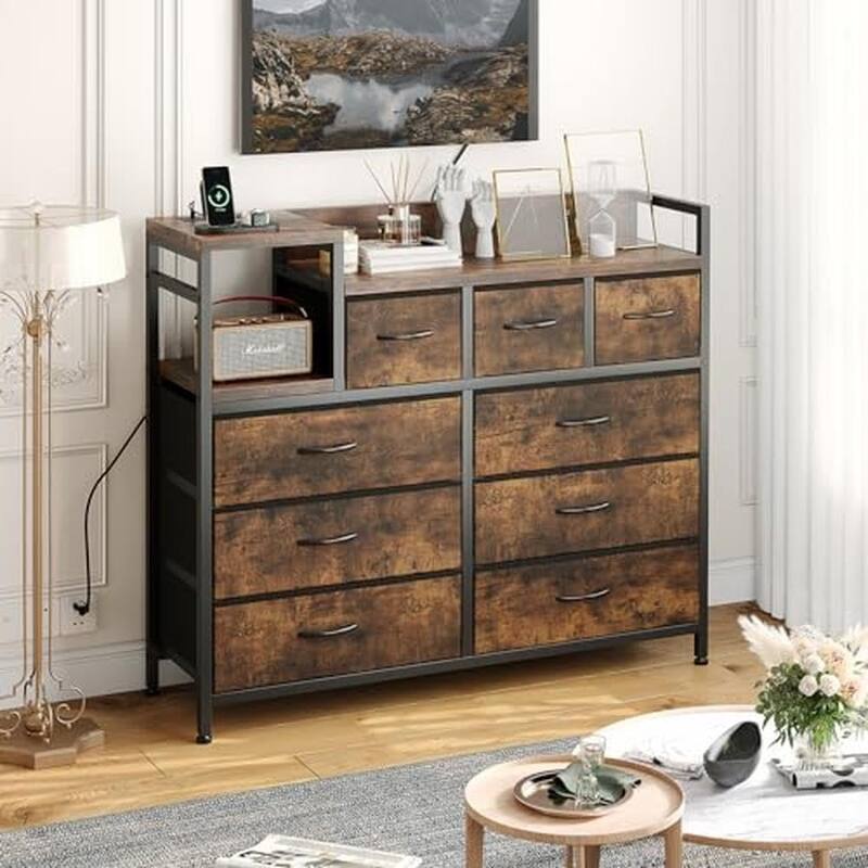 Bedroom Dresser with 9 Drawers Tv Stand with Charging Stand Modern Fabric Chest of Drawers