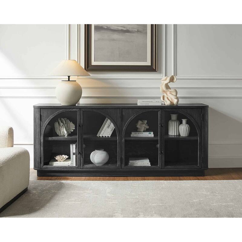 Modern, Contemporary Wood 80" Console with glass doors, TV Stand, Accent Cabinet, Fully Assembled, Black - 80"W x 32"H x 15"D