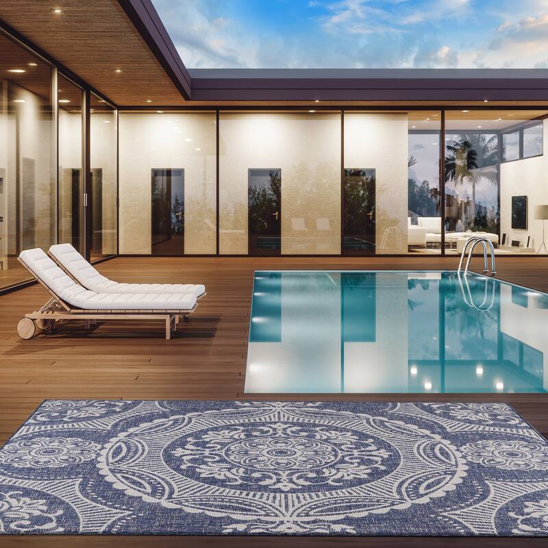 Beverly Rug Blue Medallion Indoor Outdoor Rug, Outside Carpet for Patio, Deck, Porch - 6X9 - Blue / White