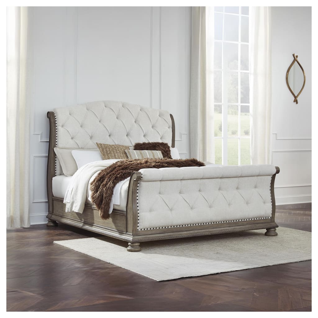 Signature Design by Ashley Ardenfield Light Brown/Beige Upholstered Sleigh Bed