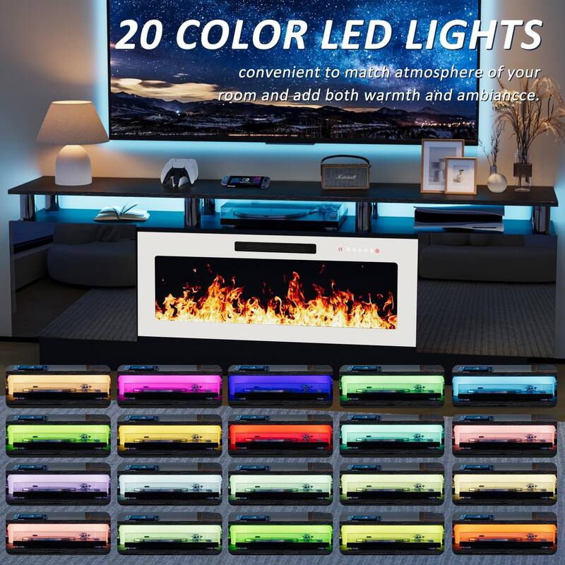 BOSSIN 70" Modern Electric Fireplace TV Stand, with Electronic Flame and LED Lights, High Gloss Finish Entertainment Center
