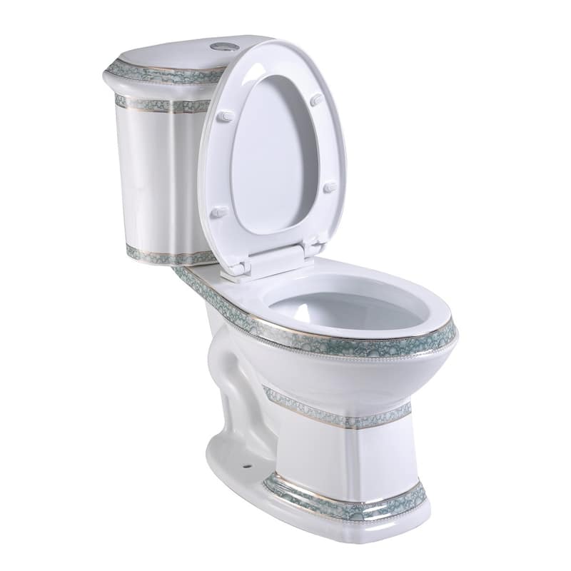 India Reserve Green and Gold Accent Two Piece Toilet Elongated with 0.8 GPF/1.6 GPF WaterSense Dual Flush