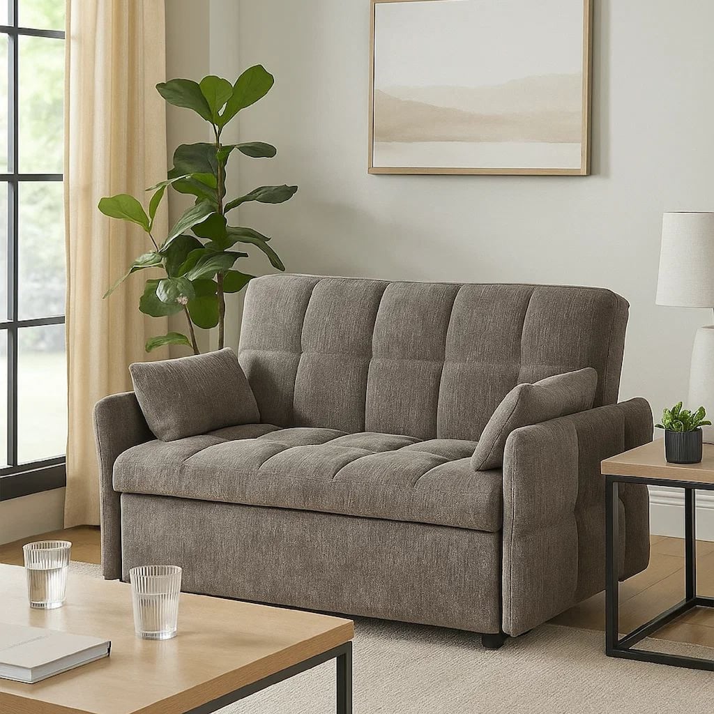 Glen 59 Inch Sleeper Sofa Bed Futon, Grid Tufting, Smooth Brown Fabric