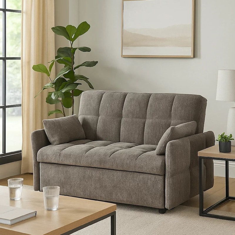 Glen 59 Inch Sleeper Sofa Bed Futon, Grid Tufting, Smooth Brown Fabric