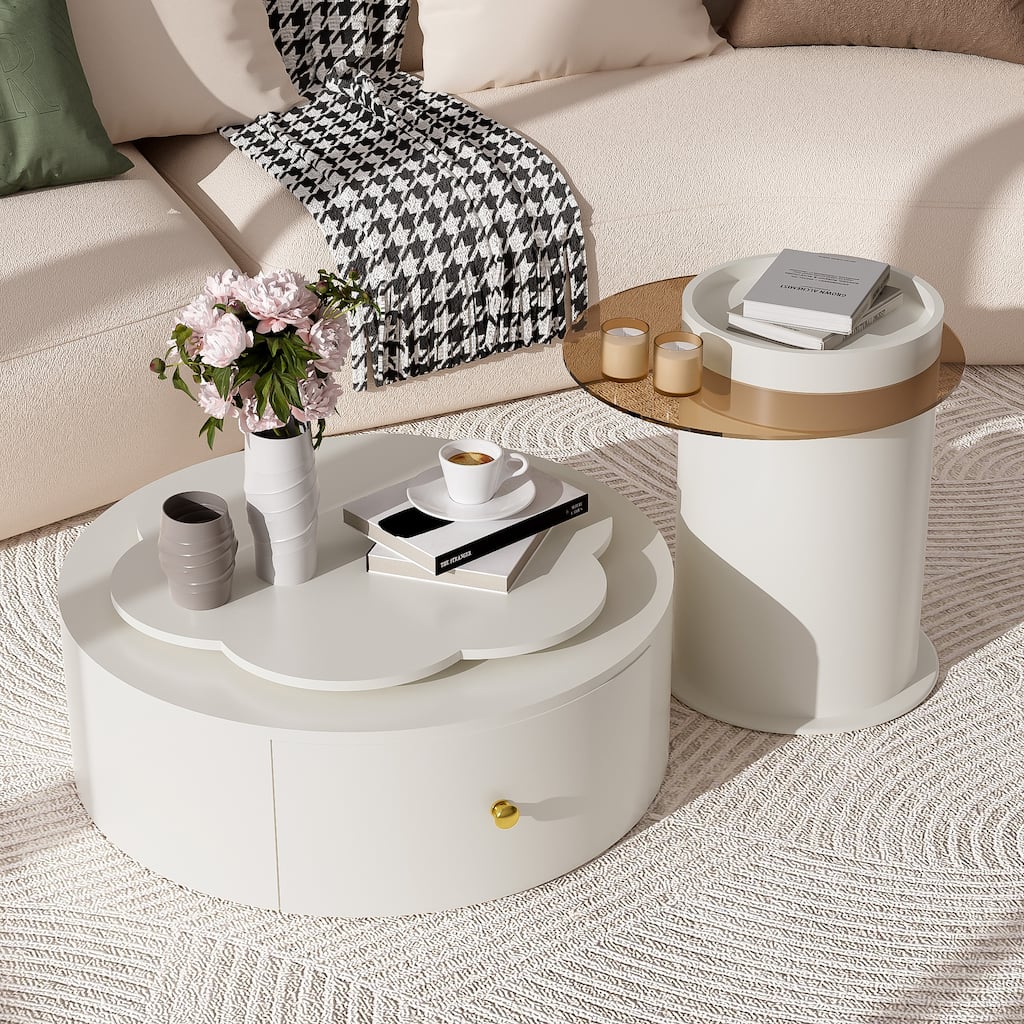 Roomfitters Rotatable Round Coffee Table Set of 2 with Flower-Shaped Top and Glass End Table, Off White