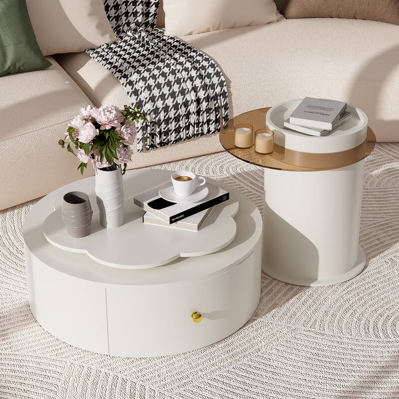 Round Coffee Table Set of 2, 360-Degree Rotatable Flower-Shaped Top Table with 2 Drawers, Glass Top Side Table End Table - Off White