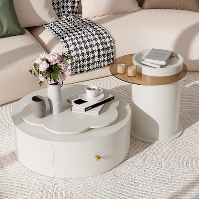 Round Coffee Table Set of 2, 360-Degree Rotatable Flower-Shaped Top Table with 2 Drawers, Glass Top Side Table End Table