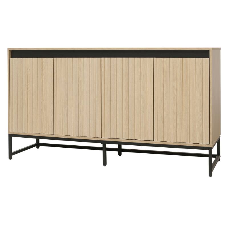 LED Sideboard Buffet Cabinet Storage Cabinet w/ Adjustable Shelf, Carved Cupboard Console Table for Living Room Hallway, Natural