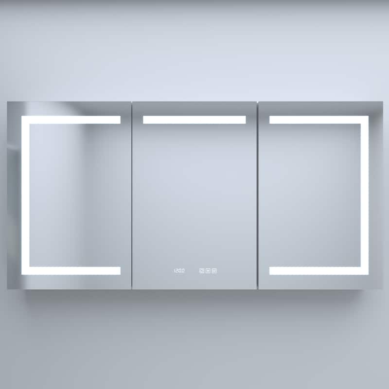 GDFStudio - Delmar Modern Aluminum LED Lighted Medicine Cabinet with Mirror Anti Fog and Digital Clock - 60"
