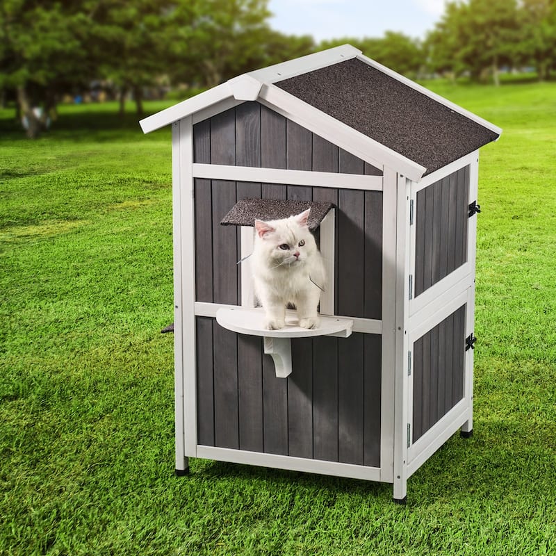 Grey Wooden Double Layer Outdoor Cat House with Asphalt Roof and Flaps Door - 23” x 26” x 36”