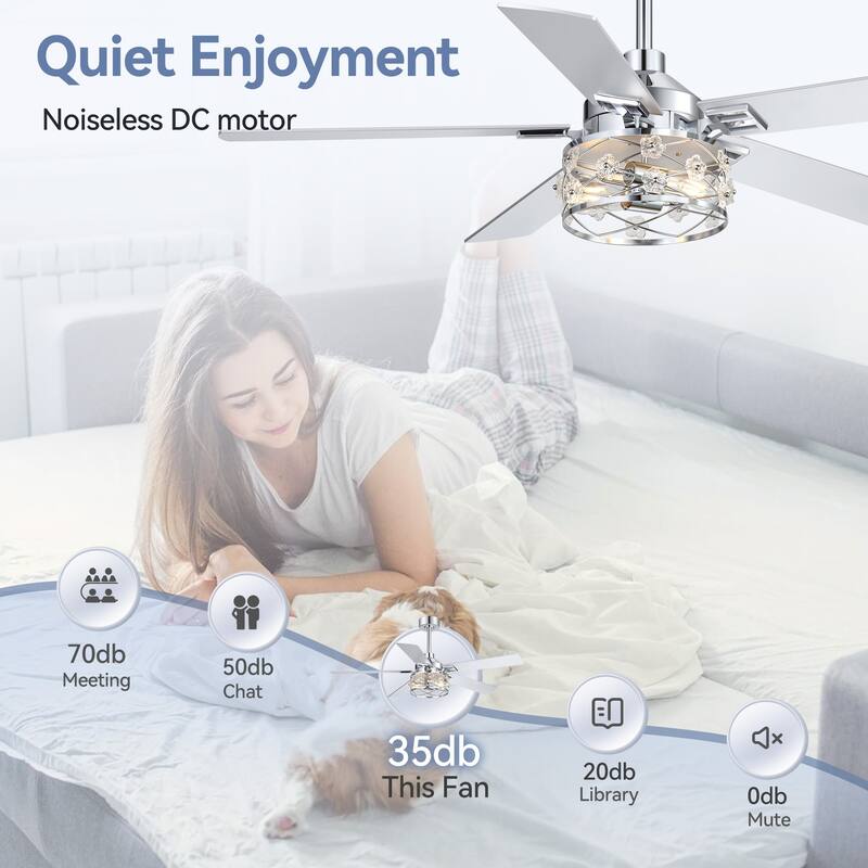 52" Reversible 5-Blade Farmhouse Glam Floral Glass Caged Ceiling Fan with Light and Remote