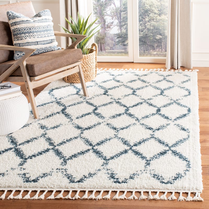 SAFAVIEH Berber Fringe Shag Lillis Trellis 1.2-inch Thick Rug - 4' x 6' - Cream/Blue
