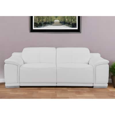 HomeRoots 86" White Italian Leather USB Reclining Sofa With Silver Legs