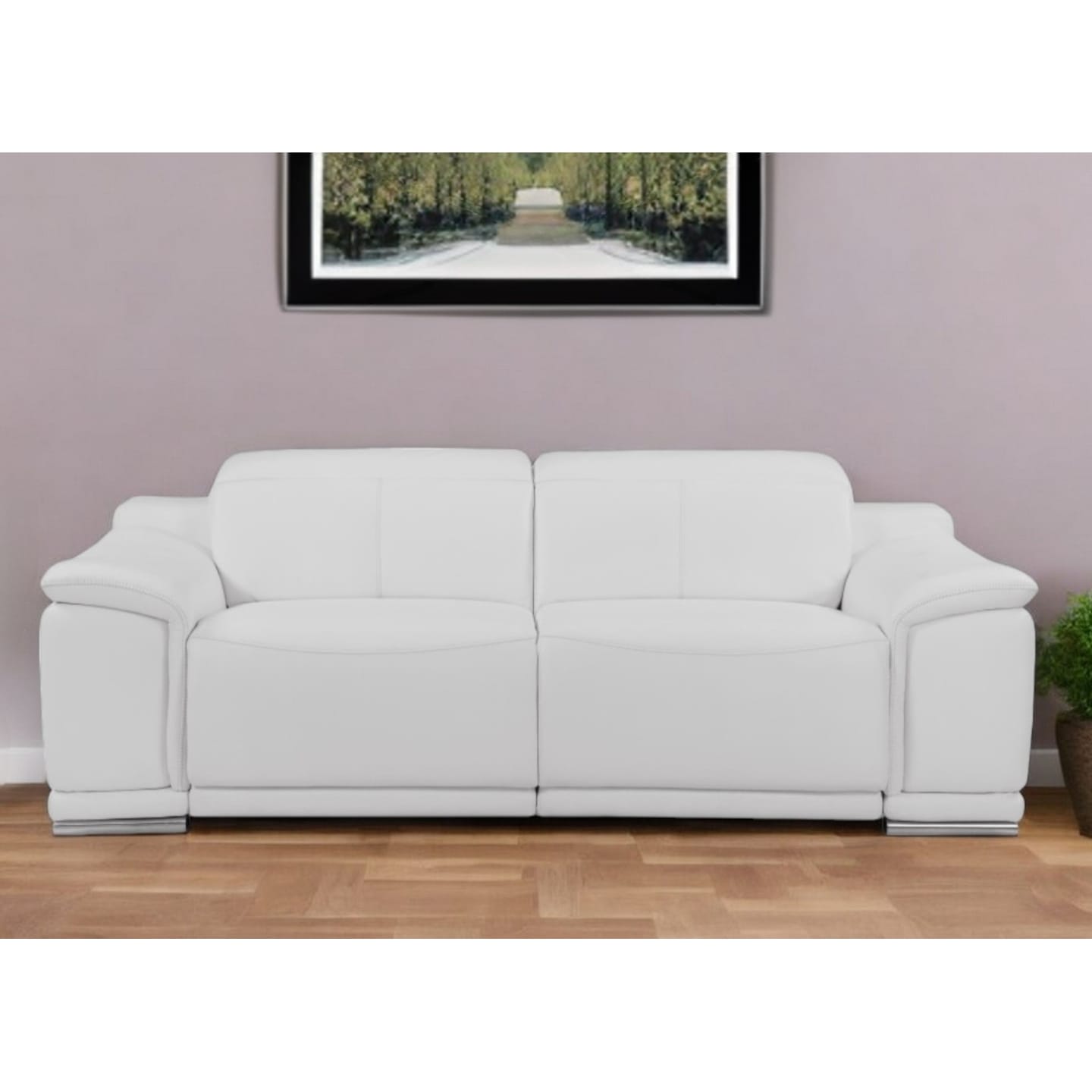 HomeRoots 86" White Italian Leather USB Reclining Sofa With Silver Legs