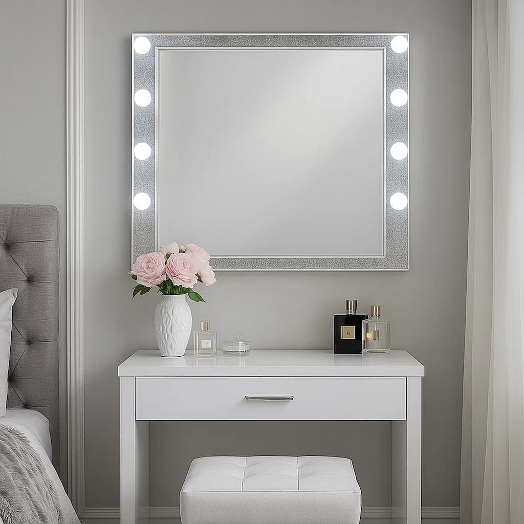 41 Inch Wall Mirror, Faux Crystals Inlay, 8 Bulb Sockets, Silver