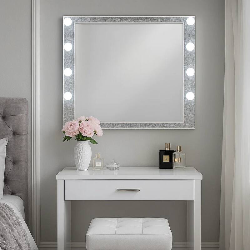 41 Inch Wall Mirror, Faux Crystals Inlay, 8 Bulb Sockets, Silver