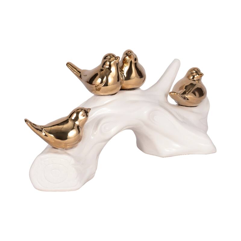 Porcelain Bird Statue with White Branch Base - 14", White & Gold - 14" x 5" x 6"