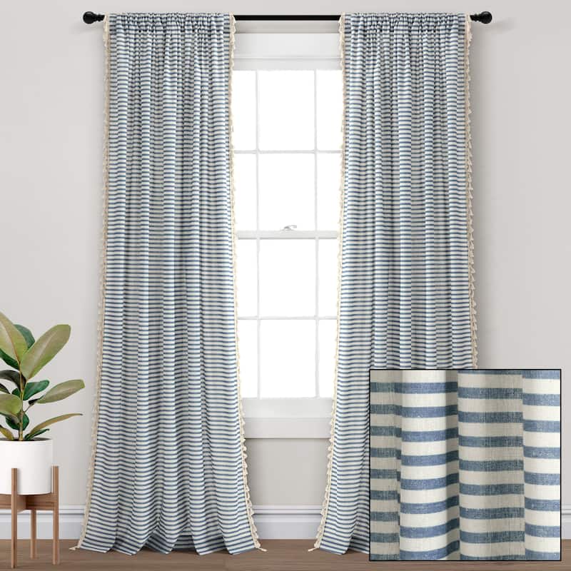 Lush Decor Boho Coastal Horizontal Ticking Stripe Tassel Window Curtain Panels