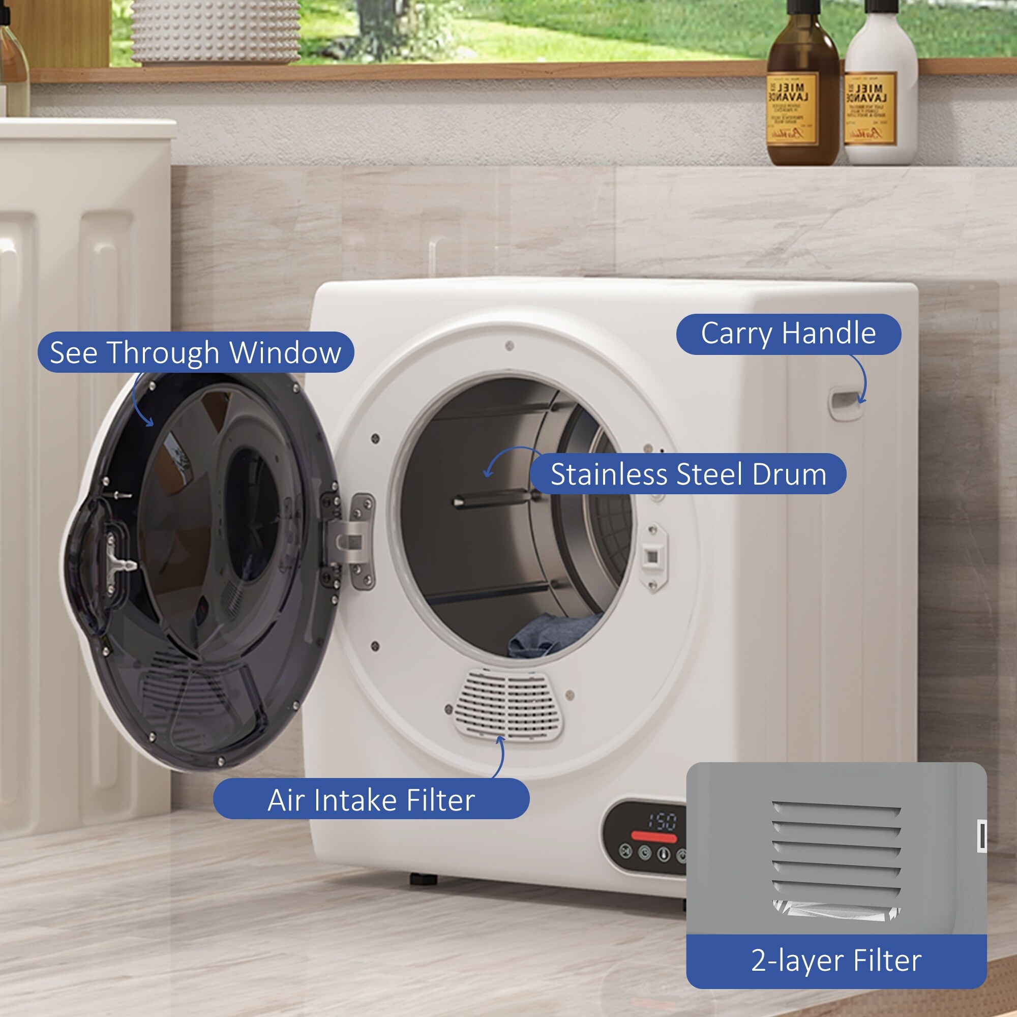 HOMCOM Automatic Dryer Machine, 850W 1.5 Cu.Ft. Portable Clothes Dryer, White