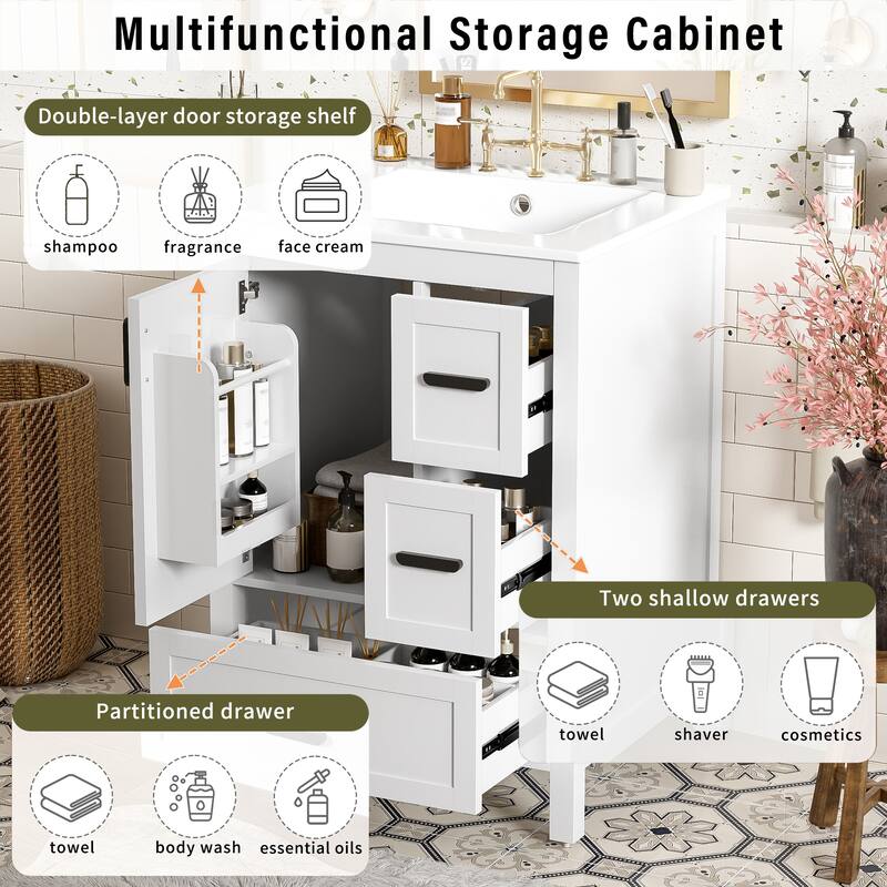 GDFStudio - Maple Modern Freestanding Bathroom Vanity with Ceramic Sink, Soft Close Door and Multi Drawer Storage